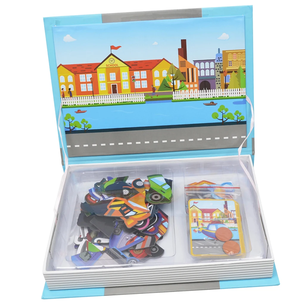 77Pcs/ Set Magnetic Puzzles Book Educational Drawing Toys 3D Vehicle Matching Jigsaw for Baby Toddlers Cognition Developmental