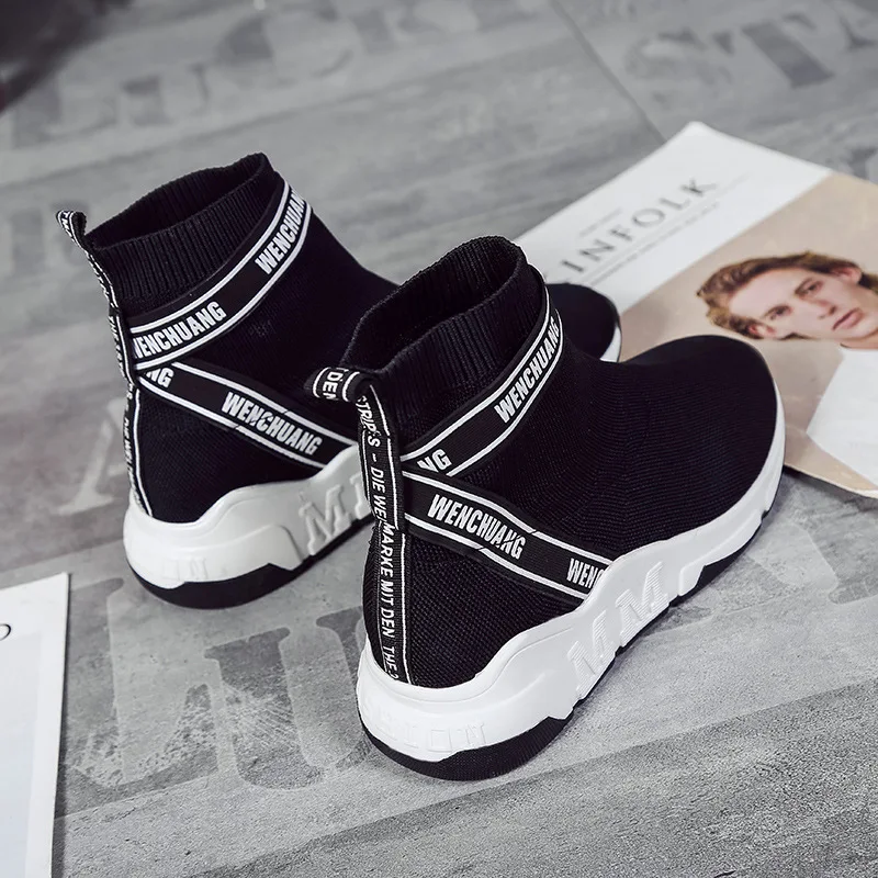 

New Women Sock Sneakers High Top Flat Platform Shoes Solid Black Tenis Footwear with Letter Print Warm Fleeces Casual Ankle Boot