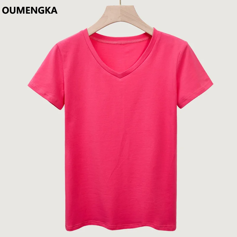 Высококачественная базовая футболка из хлопка с v-образным вырезом, 6 ярких цветов, простая женская футболка с коротким рукавом, женские топы S-5XL - Цвет: rose