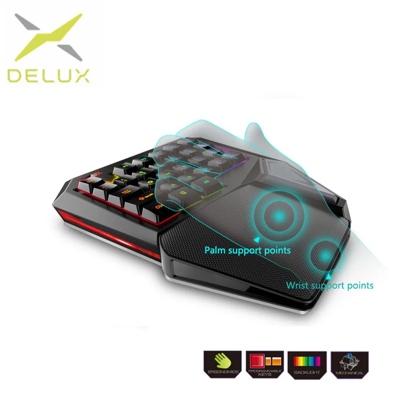 

Delux mini Mechanical gaming keyboard Single handed Gaming keypad t9 plus With RGB Backlight for Laptop PC Game Player