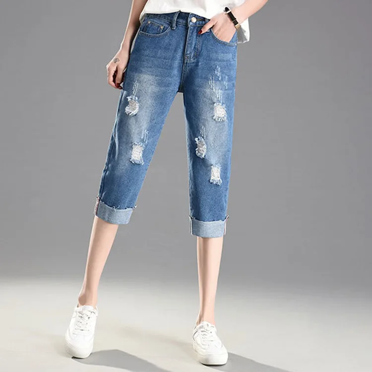 

Big Size Breeches Women Summer Denim Calf Length Pants Ripped Hole Straight Loose Cropped Jeans Boyfriends Women 4XL 5XL