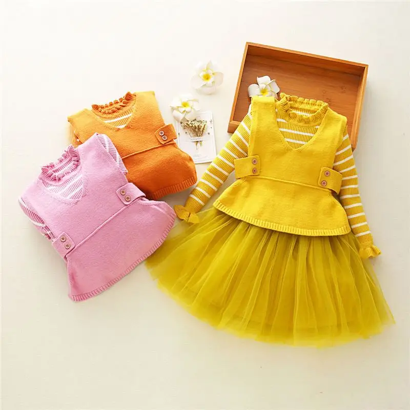 

Autumn Girls Princess Patchwork Mesh Dress Sweater Long Sleeve Dress+ Knit Vest Kids Dresses For Girl Baby Toddler Clothes Z21