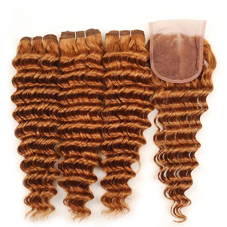Pinshair Pre-Colored Deep Wave Malaysian Human Hair Weave 4 Bundles Brown 30 Deep Wave Non-Remy Hair Weaving Extension 400gPack (38)
