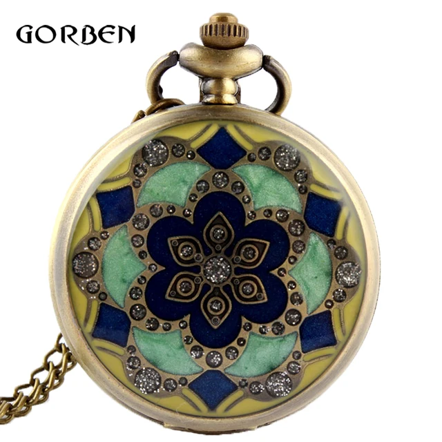Flower Enamel Green Jade Crystal Retro Quartz Pocket Watch Metal Necklace Pendan Flower Enamel Green Jade Crystal Retro Quartz Pocket Watch Metal Necklace Pendan