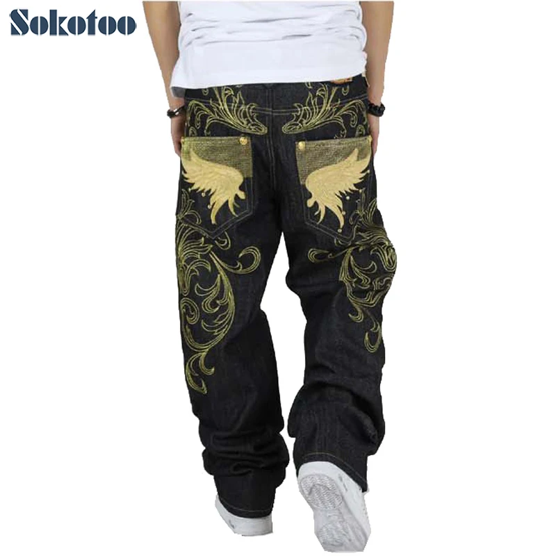 Sokotoo для мужчин's джинсы в стиле хип-хоп свободные плюс размеры вышивка Крылья джинсовые штаны мужской большой хип хоп Уличная длинные