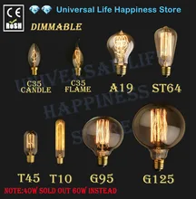 Lâmpada de iluminação estilo vintage, 60w, 40w, retrô, filamento, edison, e27, 110v, 220v, g125 g95 st64 t45 a19 t10