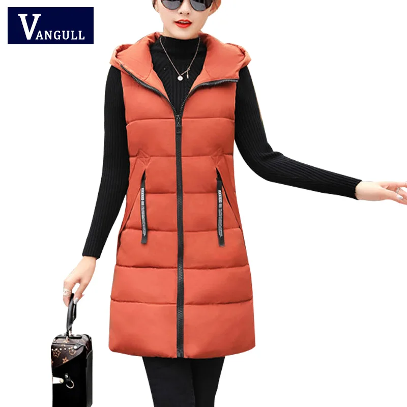 Vente Vangull automne hiver gilet femmes gilet 2019 nouvelle femme sans manches gilet veste à capuche chaud Long épaissir chaud coton gilet manteau