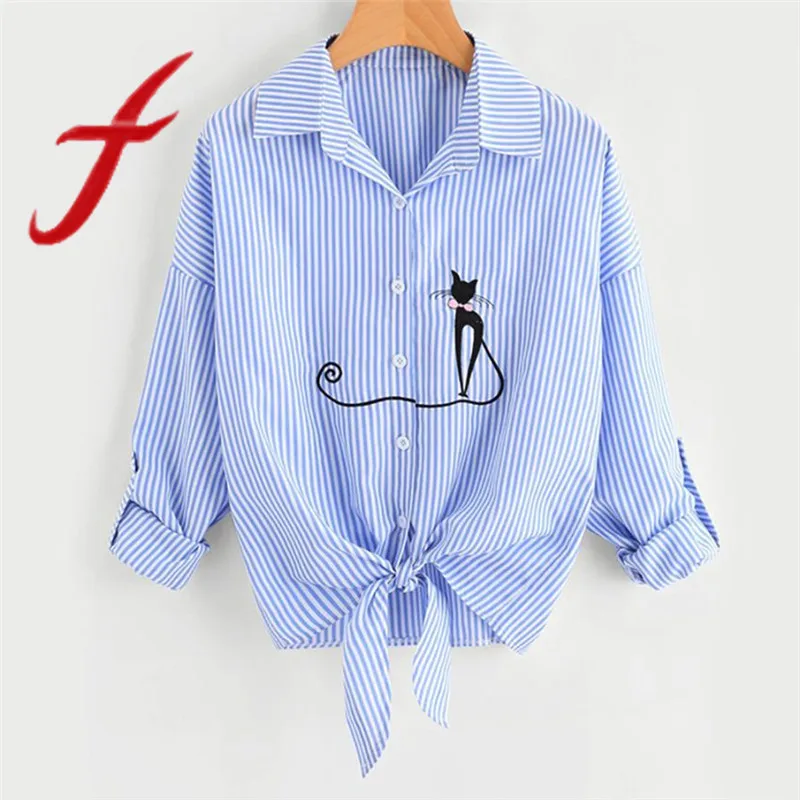 

Feitong Women Shirts Causal Tie Embroidered Cat Knotted Hem Long Sleeve Crop Tops Blouse Button Tops Female blusas mujer de moda