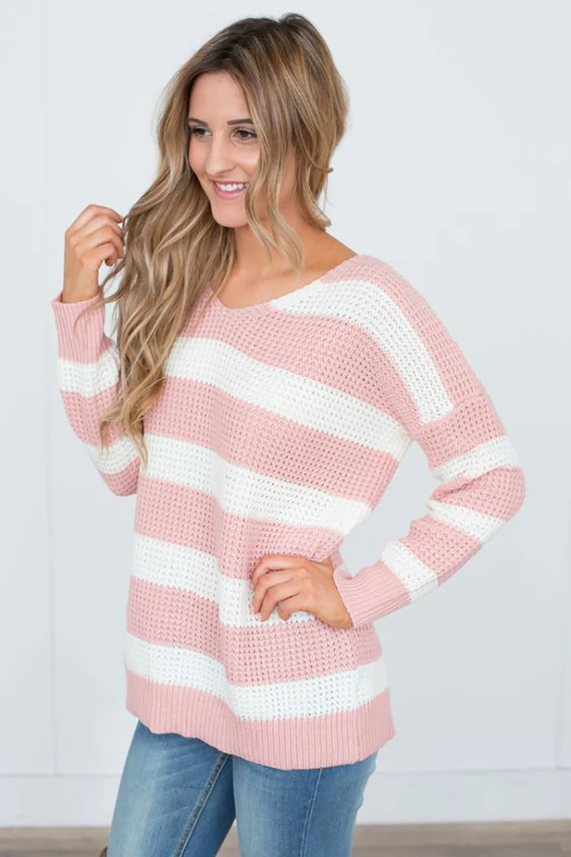 Fitshinling, зимний модный полосатый розовый свитер, женский длинный джемпер, Вязанная одежда, pull femme, v-образный вырез, милые женские свитера и пуловеры