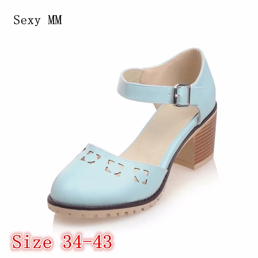 

High Quality Ankle Strap Women Square High Heel Sandals Mary Janes Shoes Woman High Heels Sandals Pumps Plus Size 34-40.41.42.43