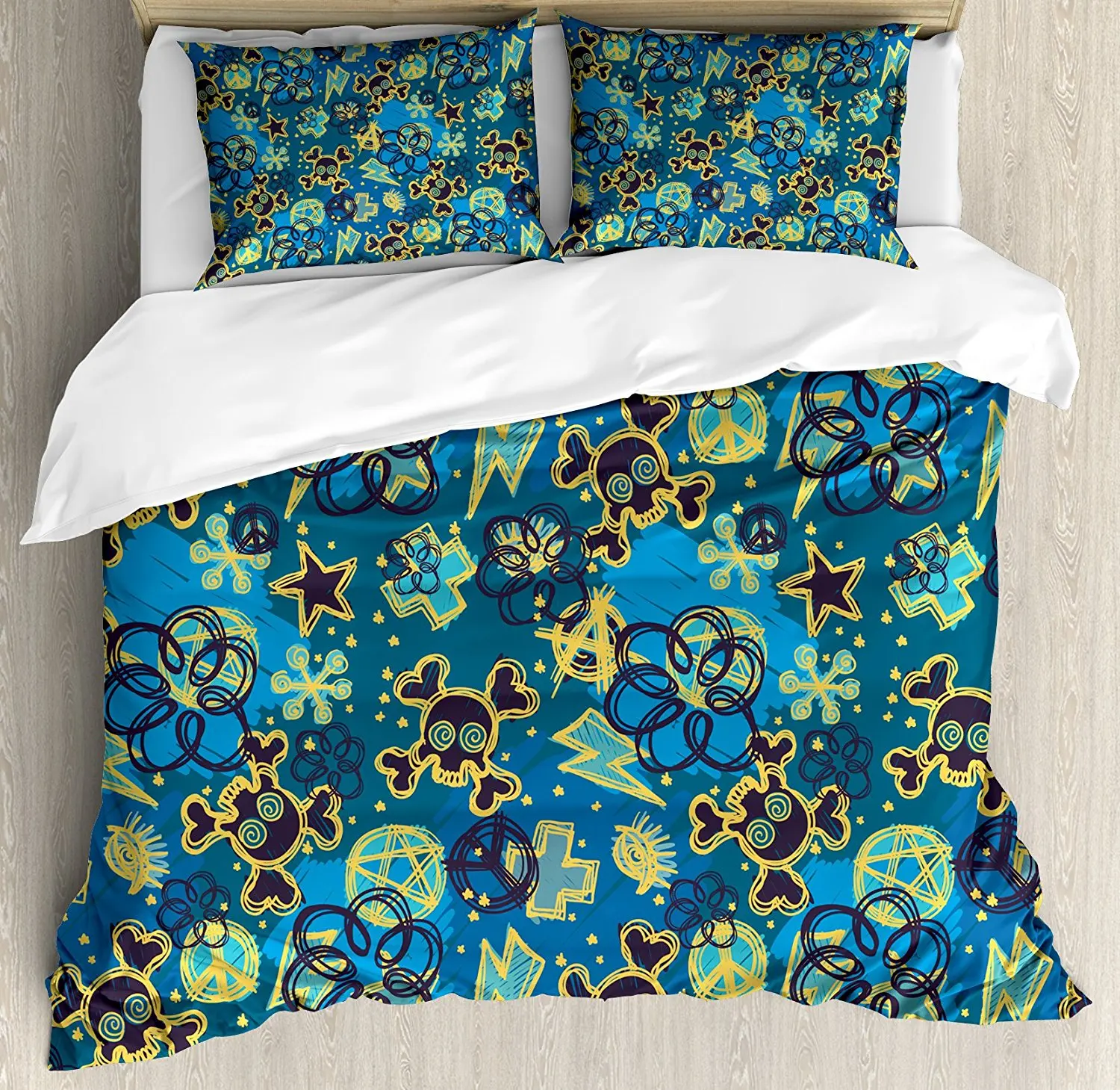 

Grunge Duvet Cover Set Cool Retro Symbols Pattern Skulls with Bones Thunder Bolt Peace Sign Decor 4 Piece Bedding Set