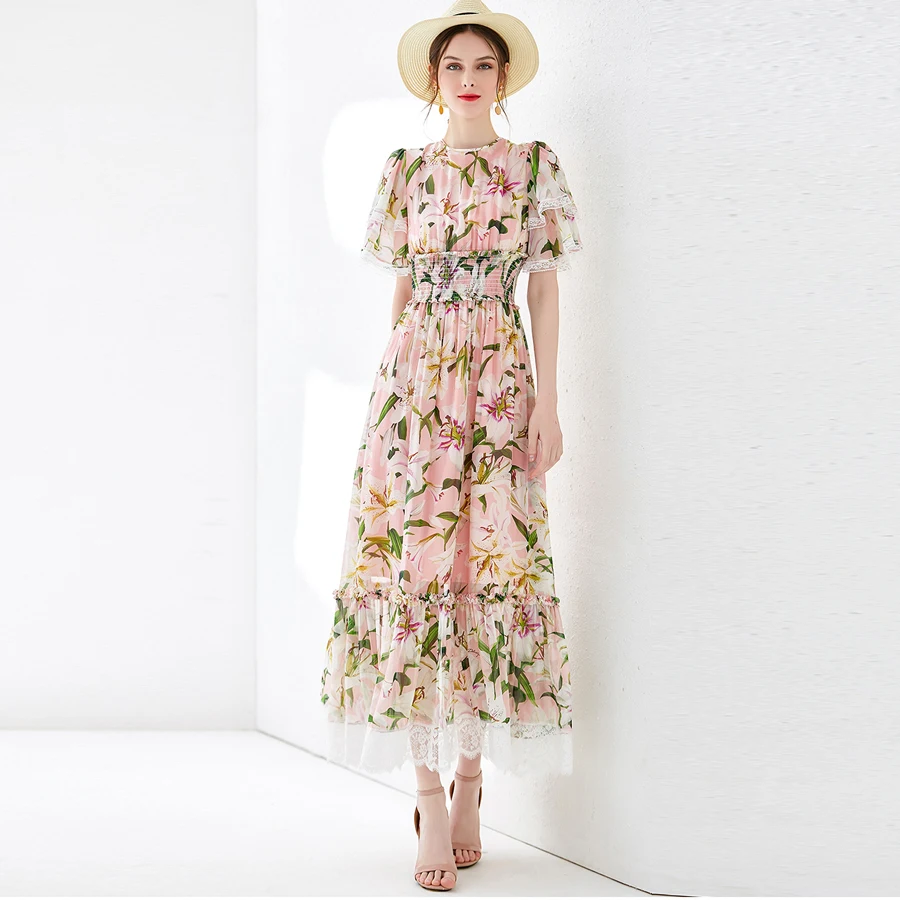 

VERDEJULIAY Runway Silk Dress 2019 Summer Flower Lily Print Flare Sleeve Ruffles Wasit Elastic Elegant Lace Patchwork Long Dress