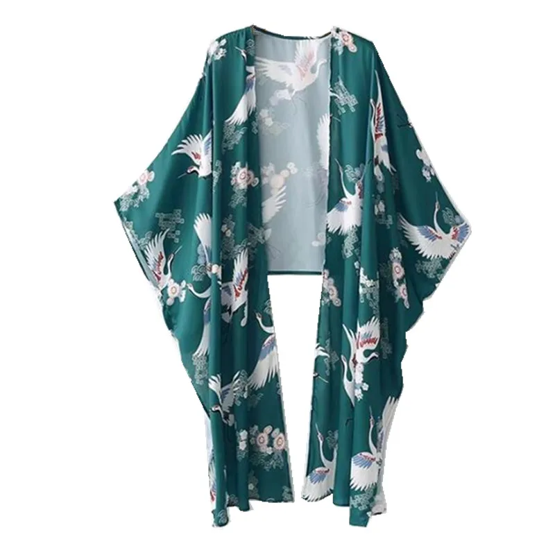 

Vintage V neck Flower Crane Bird Print Kimono Shirt 2018 Woman Batwing sleeve Asymmetry Hem Loose Silk Blouse Femme Blusas Top