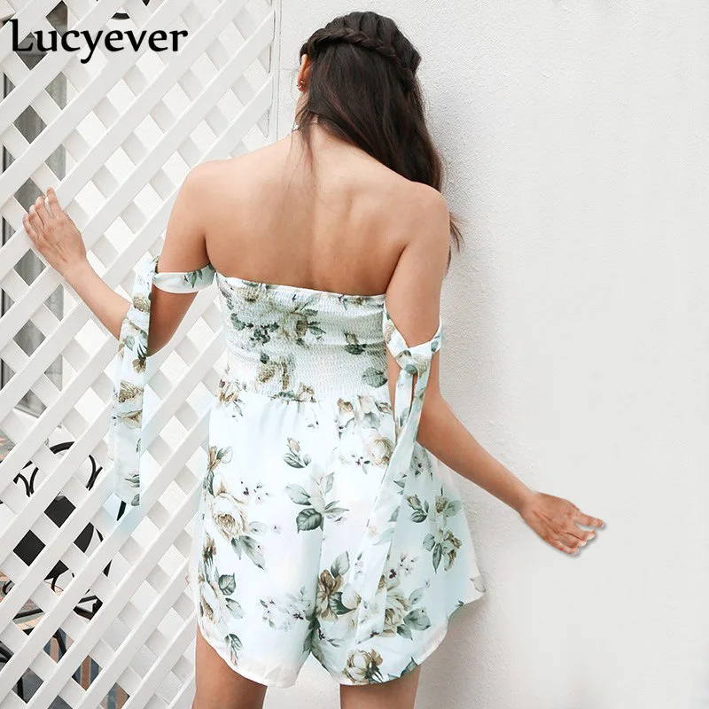 Lucyever летний женский комбинезон Boho Сексуальный с открытыми плечами без рукавов костюм-туника с цветочным принтом Эластичный пляжный белый солнцезащитный комбинезон