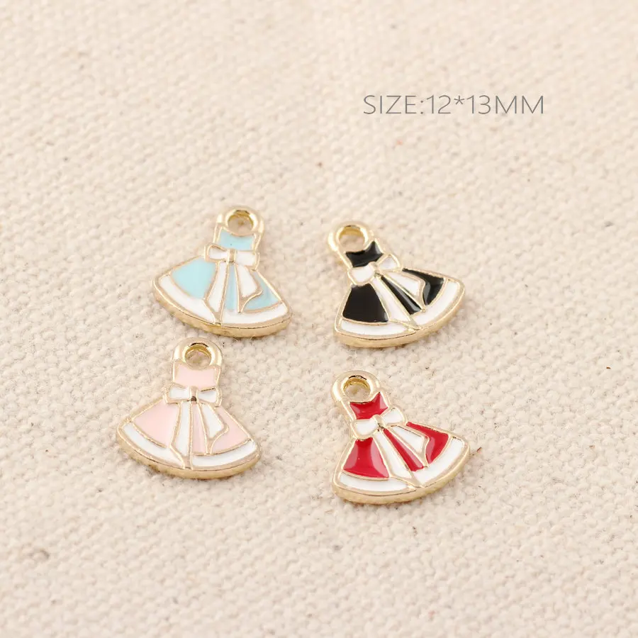 

30PCS/Lot Gold Color Beautiful Enamel Dress With Bow Oil Drop Charm Pendant For DIY Fashion Female Jewelry Makings