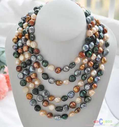 

FREE SHIPPING>>>@@ > 100" 10mm black coffee pink green baroque freshwater pearl necklace