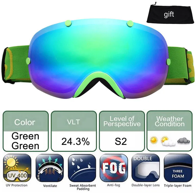 Лыжные очки UV400, противотуманные лыжные очки с двойными линзами, очки для катания на лыжах, сноуборде, скейтборде, мужские и женские лыжные очки - Цвет: Green Geen