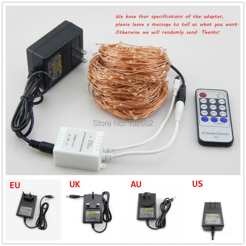 165Ft/50m 500 светодиодный s 8 цветов медный провод светодиодный гирлянды Звездные огни Рождественские сказочные огни+ 12 В адаптер питания+ пульт дистанционного управления