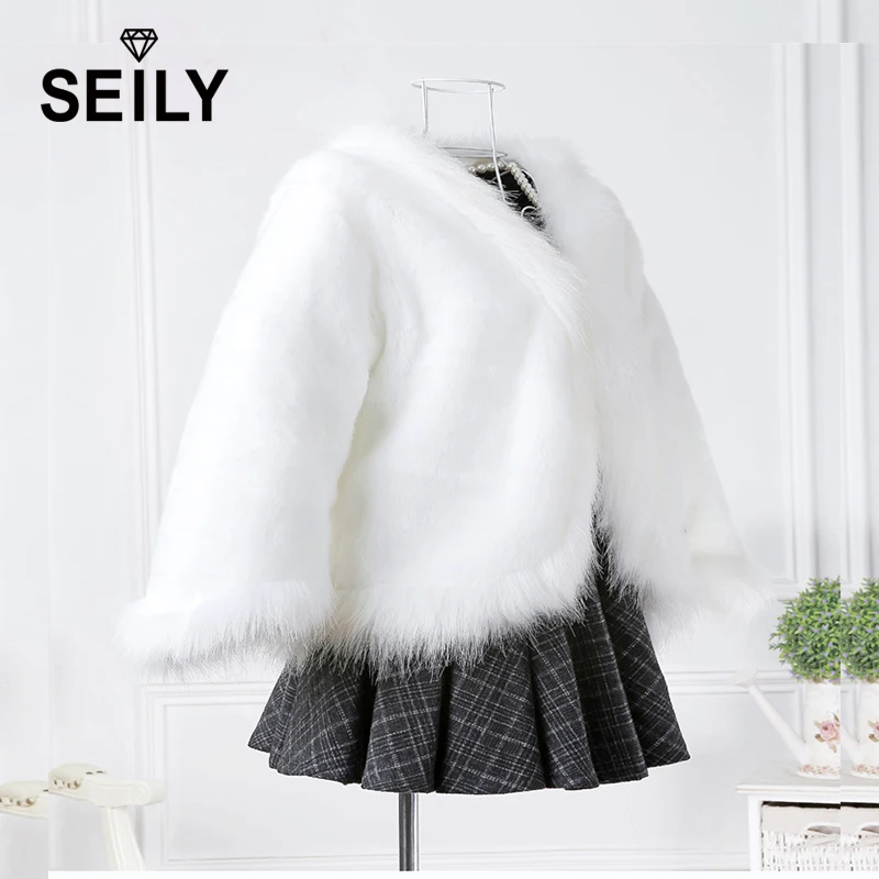 Seily Winter Luxury White Faux Arctic Fox Fur Fluffy Jacket With Fake Rabbit Collar Trim Furry Cape Coat Women Party Bride Cloak