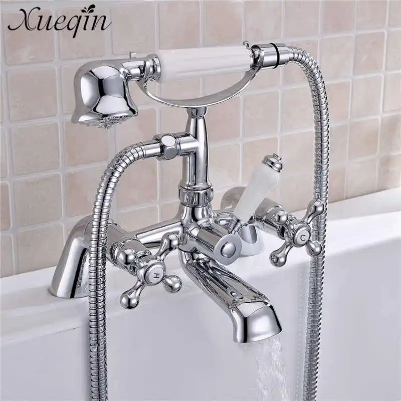 

Vintage Telephone Style Bathroom Bathtub Rainfall Showerhead Set Rotate Dual Handle Deck Mounted Hot/Cold Water Faucet Mixer Tap