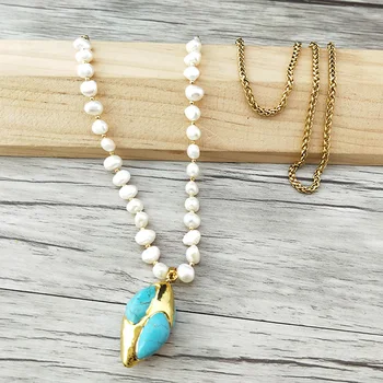 

4 Strands golden chain Necklace,with Natural pearl electroplate blue stone Pendant long Necklaces For Women Jewelry NK420