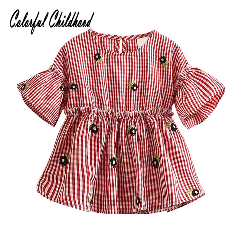 

Vintage rose embroidery Girls Blouse Summer toddler Princess Ruffled plaid Blouses Short sleeve Shirts kids children Clothing