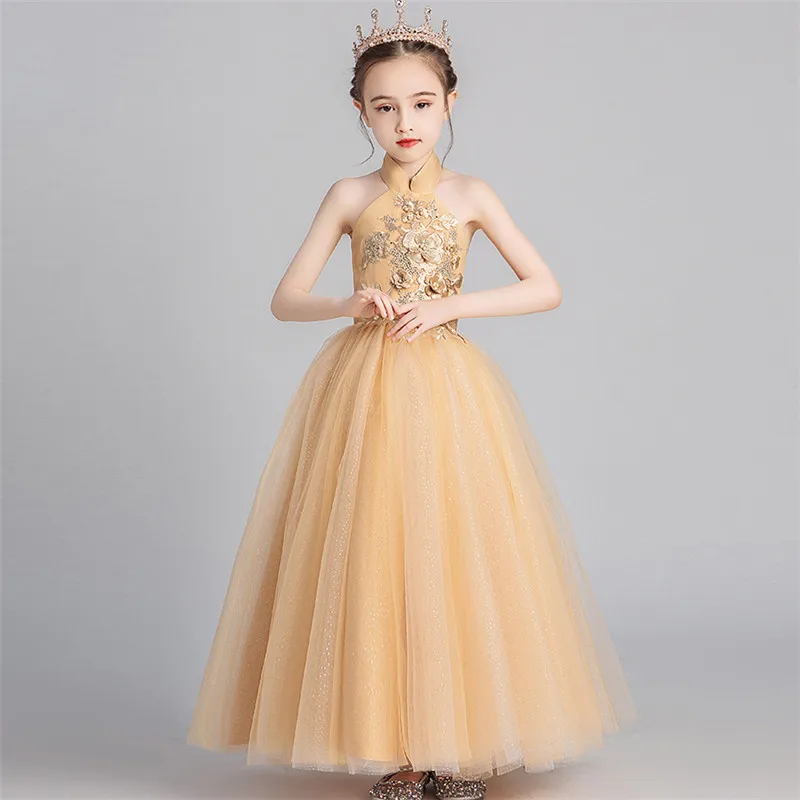 

2019 Luxury New High-Quality Kids Children Embroidery Flowers Birthday Wedding Party Princess Mesh Dress Girls Host Piano Dress