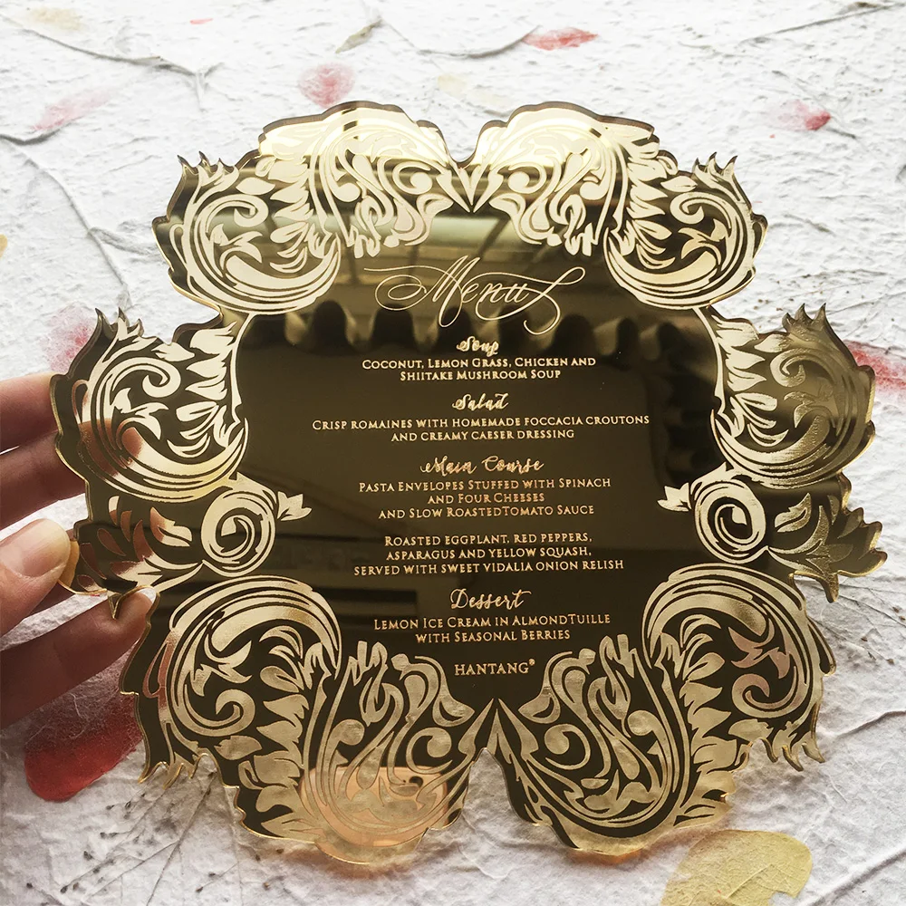 

20pieces Per Lot 200*190mm Luxury Golden Mirror/Silver Mirror Acrylic Wedding Menu Cards with Engraved Letters