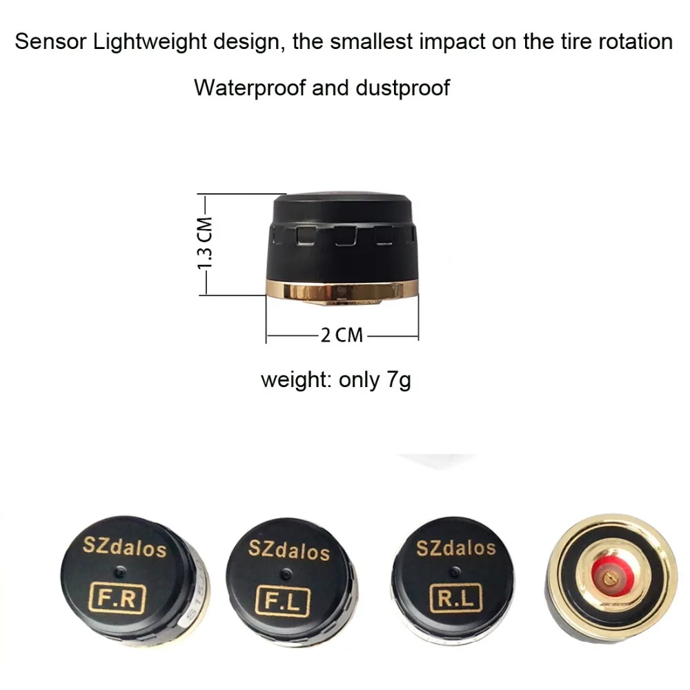 SZDALOS Car TPMS Wireless Tire Pressure Monitoring System + 4 mini External Sensors(0~6.8 bar/0~99 psi) Cigarette Lighter tmps