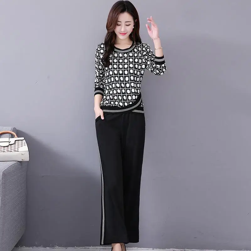 M-5x Autumn Black Printed Two Piece Sets Women Plus Size Long Sleeve Tops And Pants Suits Korean Elegant Office 2 Piece Sets - Цвет: black