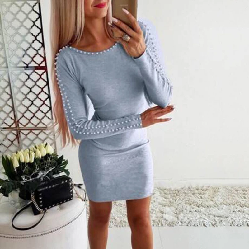 Women Autumn Winter Dress Pearls Beading Bodycon Mini Dress Woman Causal Long Sleeve Sweater Pullovers Pencil Dresses Vestidos