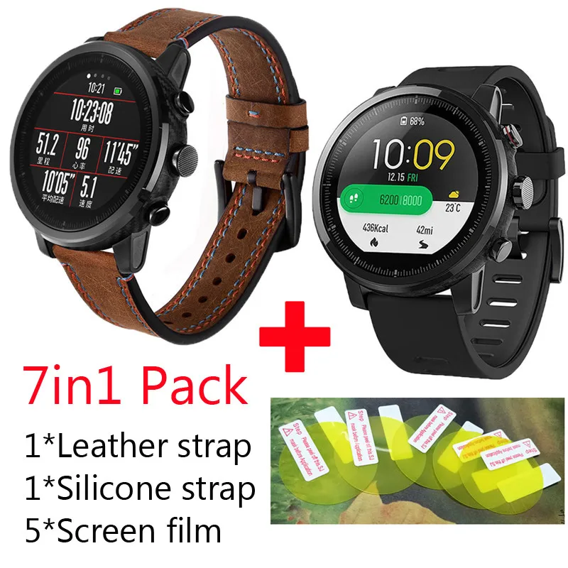 7в1 ремешок для Xiaomi Huami Amazfit Stratos stratos 2 2s часы кожаный smartwatch + силиконовый браслет