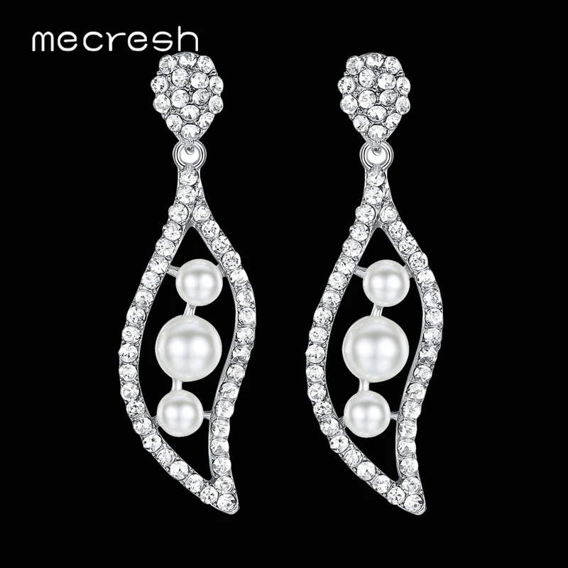 

Mecresh Cute Silver Color Simulated Pearl Bridal Dangle Earrings Rhinestone Leaf Shape Wedding Drop Earrings for Girls MEH1090