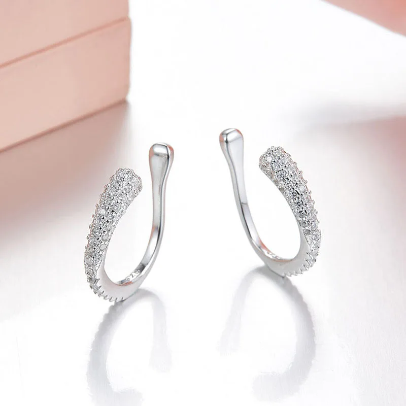 

SLJELY Fashion Cool 925 Sterling Silver U shape Ear Bone Clip Earrings Micro Cubic Zirconia Stones Women Luxury Brand Jewelry