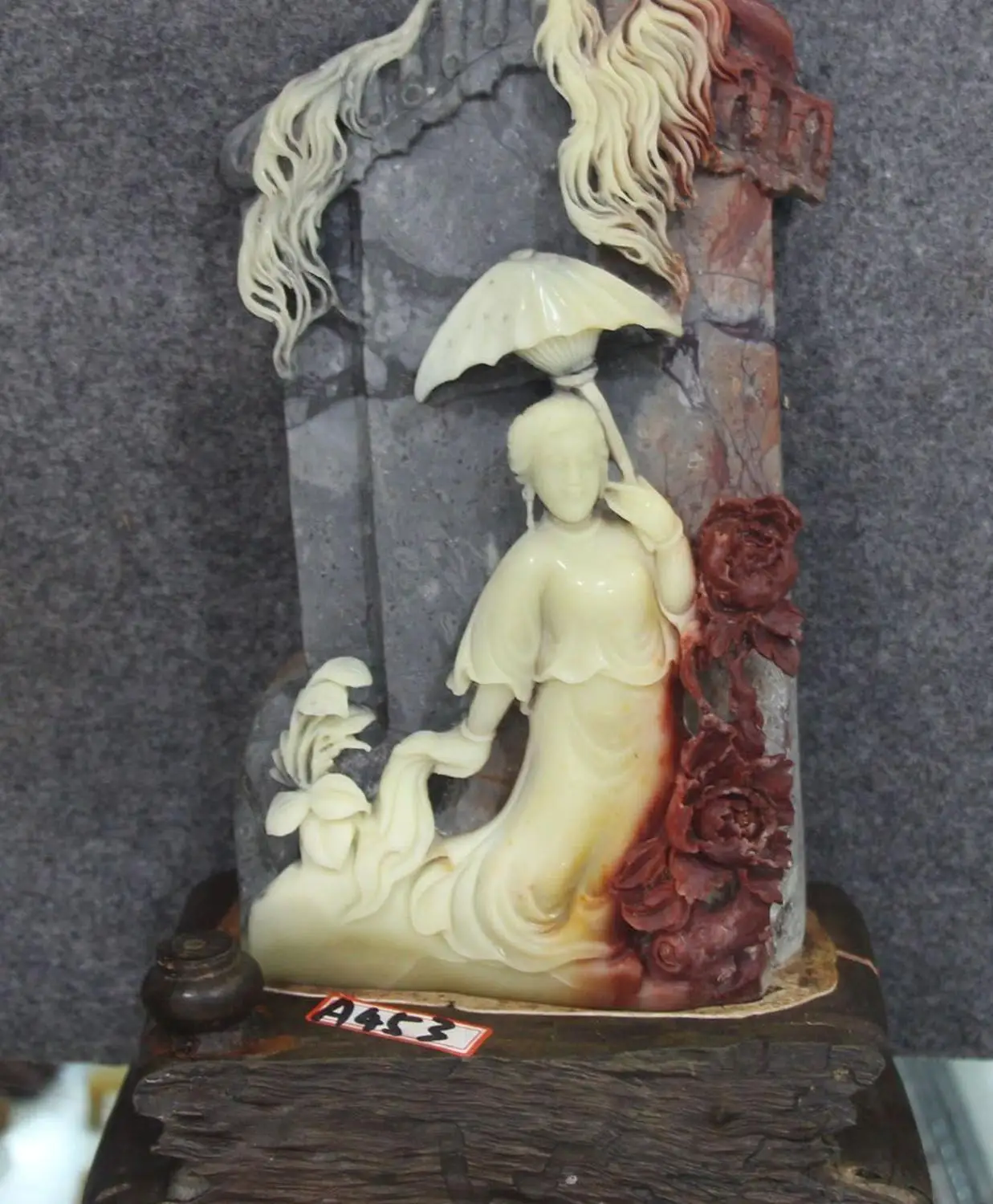 

18" Rare Natural Shoushan Stone Belle Girl Beauty Hold Umbrella Flower Pure Hand