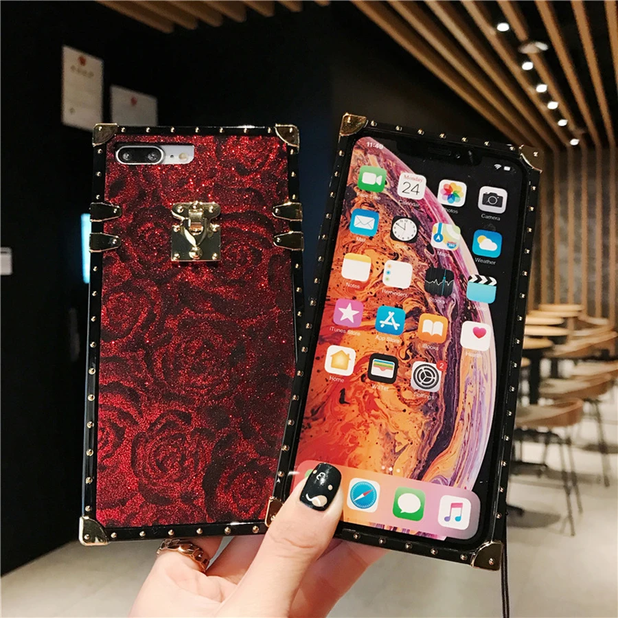 

For iphone XR XS MAX X 7 8 plus case cover Retro 3d rose with shoulder strap soft silicon phone bag case for iphone 6 6s plus