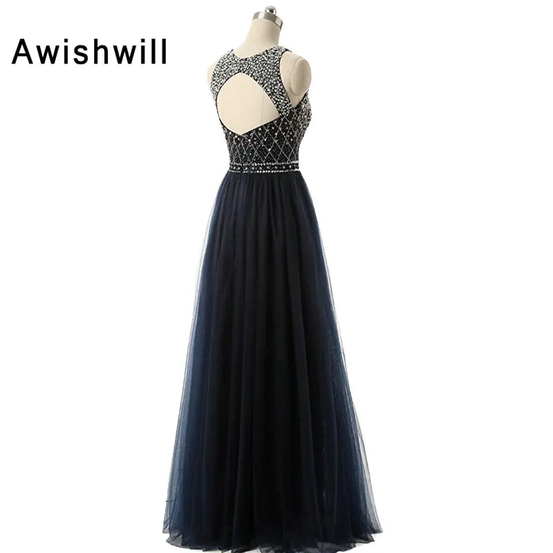 Скромное вечернее платья в Темно-синие без рукавов платье из фатина, расшитое пайетками с открытой спиной, официальное платье для селфи-палка со штативом, Bluetooth длинное вечернее платье