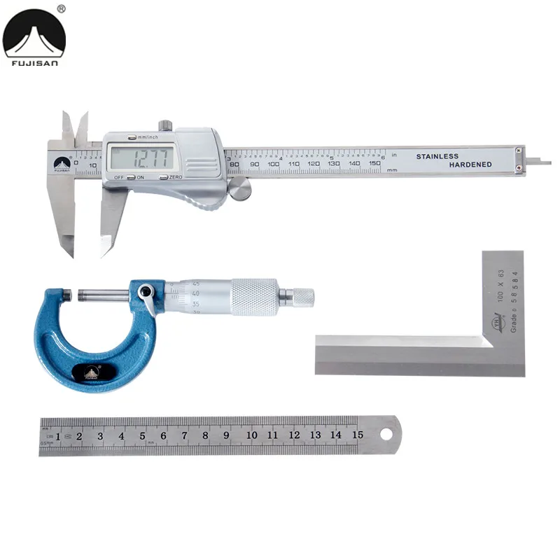 

4pcs FUJISAN Digital Caliper 0-150mm Stainless Steel Micrometer 0-25mm 90 Degree Angle Ruler 100x63mm 150mm Ruler Measuring Set