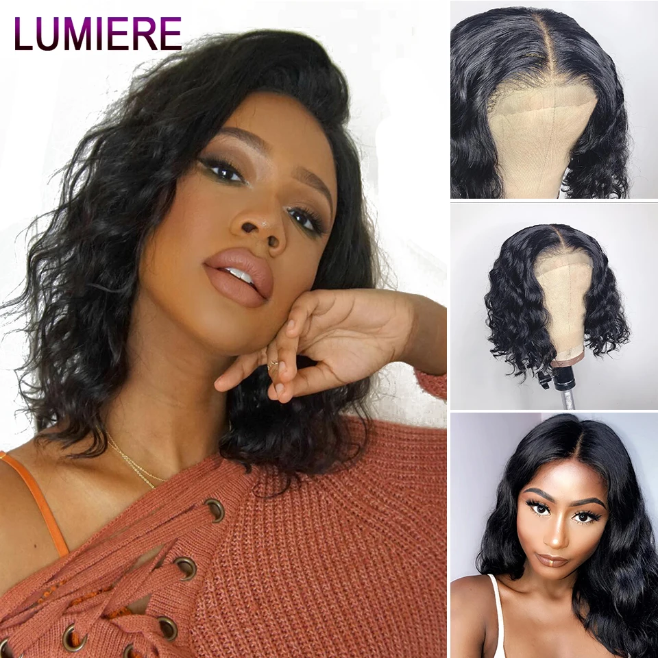 

Lumiere Hair Peruvian Body Wave 13X4 Lace Front Human Hair Bob Wig Pre Plucked With Baby Hair Non-Remy Free Part Natural Black