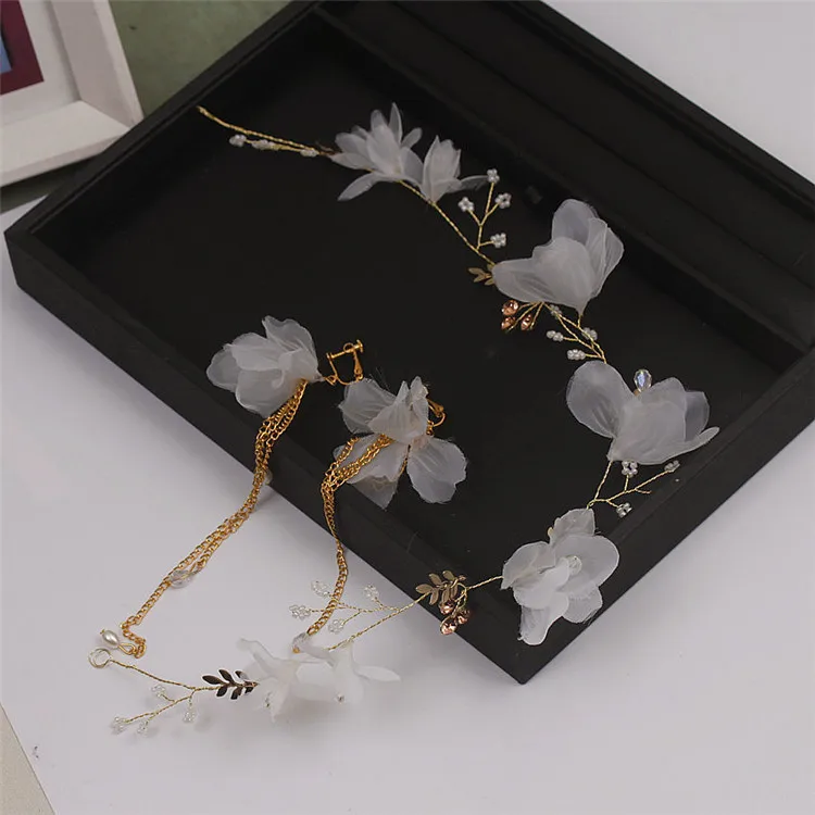 

Bride handmade hair jewelry silk yarn flower beaded soft hair earrings set wedding hair jewelry