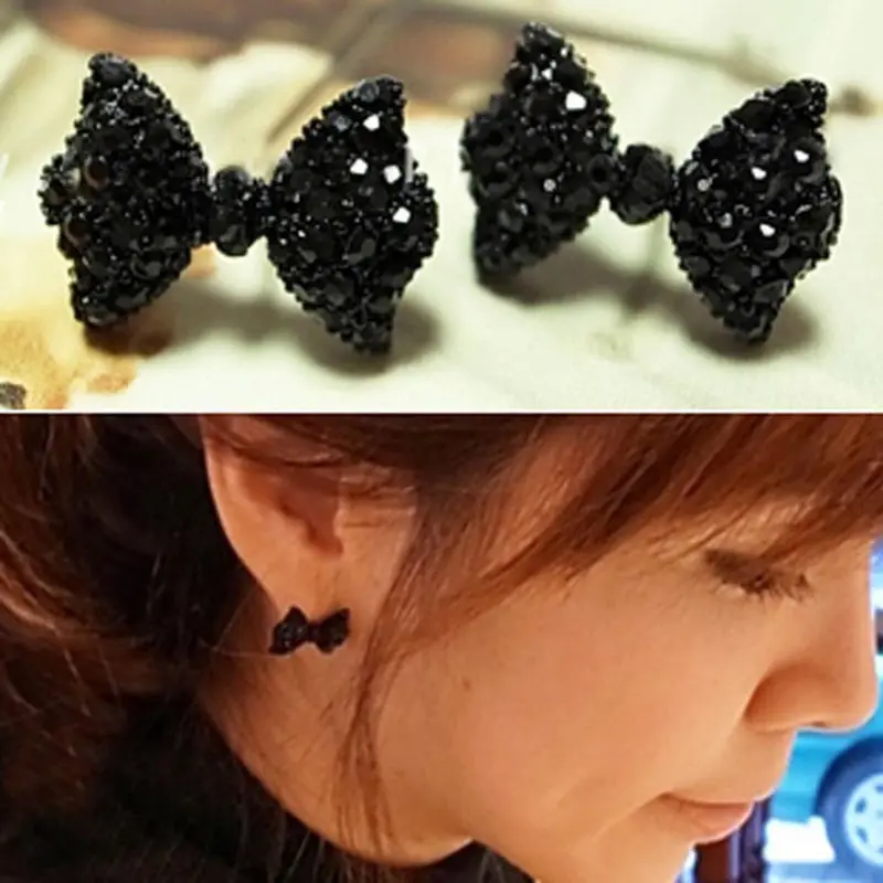 Bow Earring PFS new fashion personality crystal black pearl bow