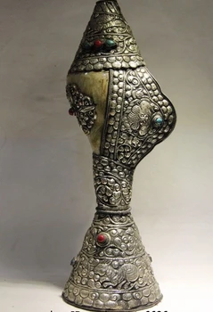 Online Tibet Buddhismus Silber Inlay Rubin Beryl Edelstein Kaninchen Muster Beast Statue Conch