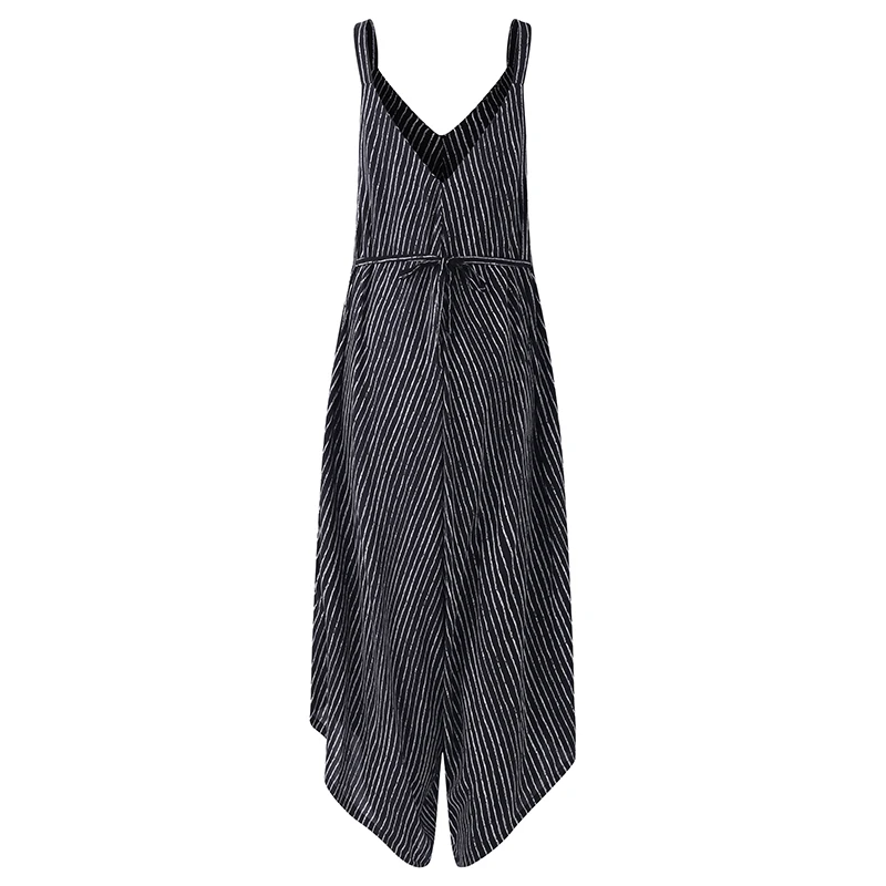 Women Long Pinstriped Overalls Backless Sleeveless Casual Sexy Playsuits Jumpsuits Bohemian Black Romper Striped Pockets Party Jumpsuits and Playsuits