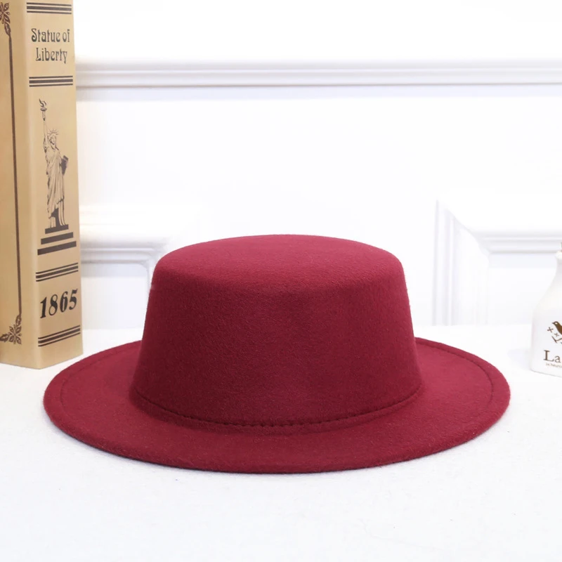 Осенне-зимние мужские шляпы, фетровые шляпы в винтажном стиле для женщин и девушек, фетровые шляпы с плоским верхом, джазовая шляпа в европейском и американском стиле, круглые шапки-котелки - Цвет: Wine red