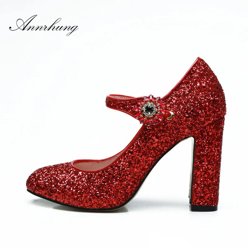 

Crystal Glitter Mary Janes Party Shoes Round Toe Block High Heels Strap With Flower-shaped Button Red Bling Sequins Pumps Women