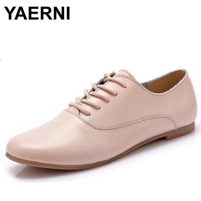 YAERNI-حذاء باليرينا من الجلد الطبيعي للنساء ، حذاء موكاسين برباط ، حذاء  أبيض ، للربيع