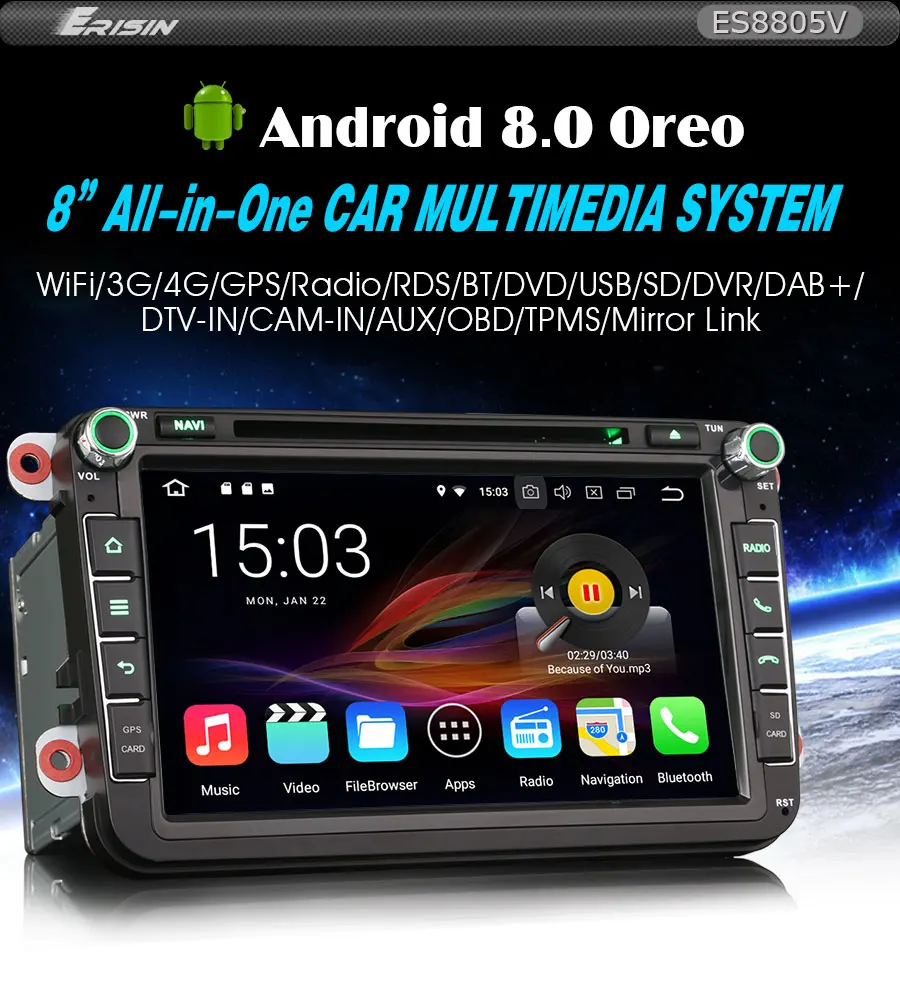 Excellent Erisin ES8805V 8" Android 8.0 Octa core 4G RAM Car DVD GPS Radio DVR DAB+ DVD For VW Passat Golf Tiguan Eos Jetta Seat 1