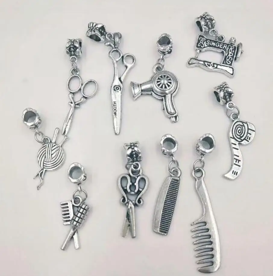 

10cs Antique Silver Scissors/hair dryer/comb/sewing machine/ruler/wire group/hair curlers Charm Pendant Jewelry Accessories