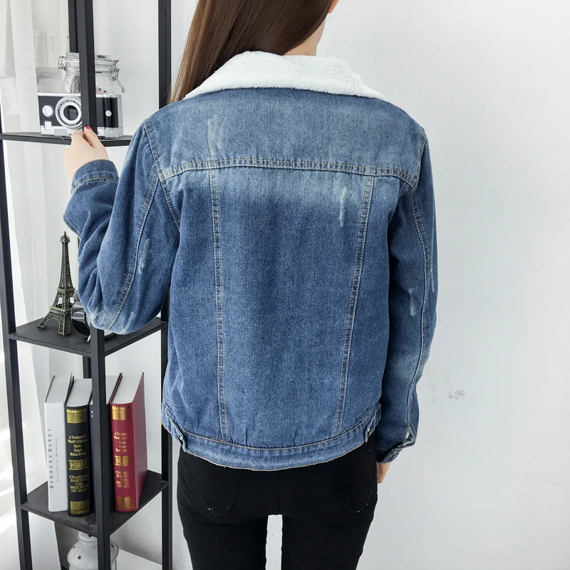 Korean tide lapel Autumn winter wear plus velvet denim jacket coat loose wild coat bomber jacket woman veste femme chaquetas 