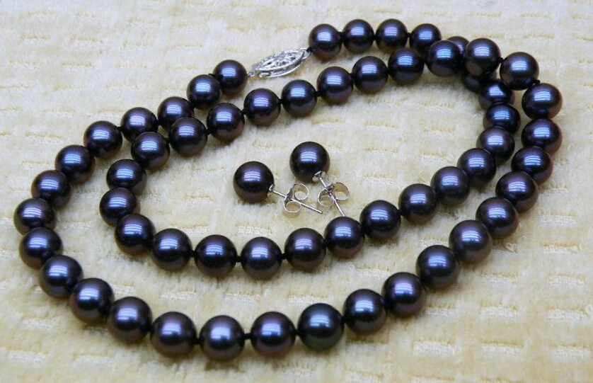 

Jewelry 00706 Fine round 7-7.5mm black blue akoya pearl necklace earring 14